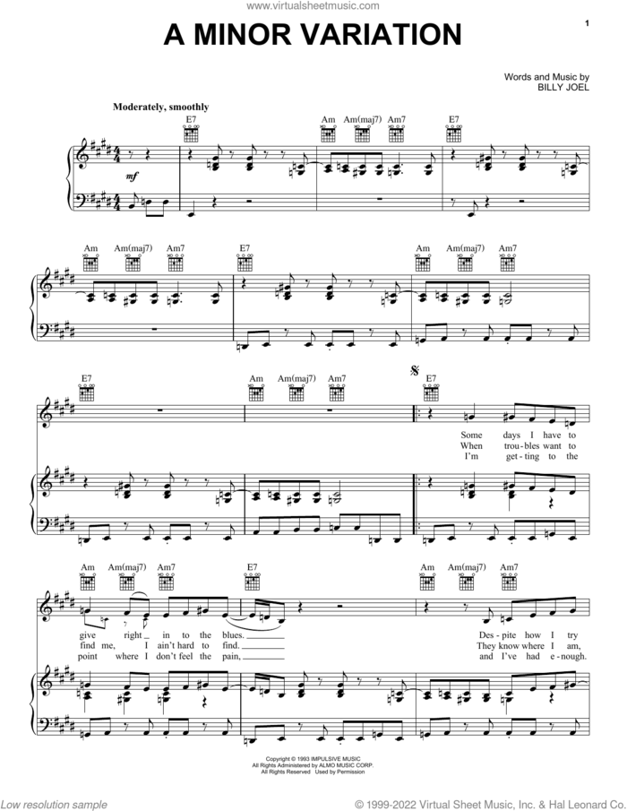 A Minor Variation sheet music for voice, piano or guitar by Billy Joel and David Rosenthal, intermediate skill level