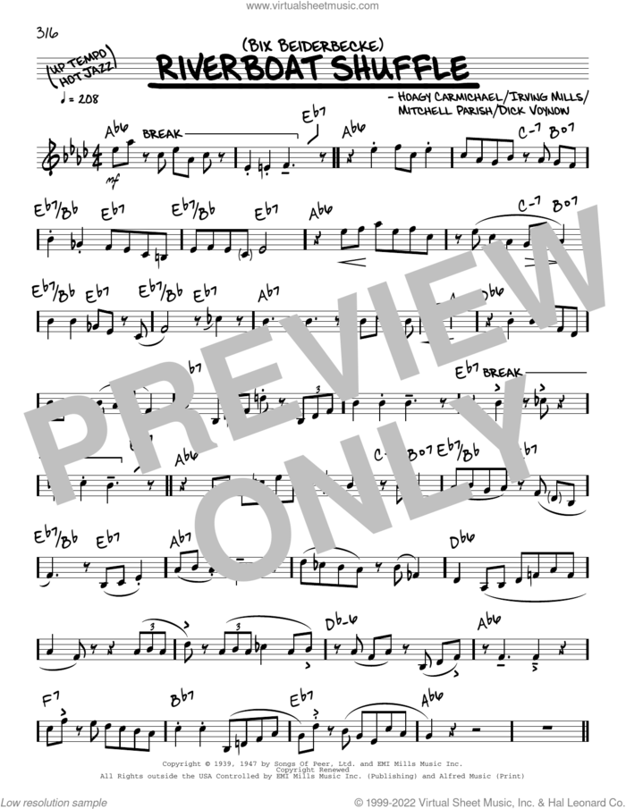 Riverboat Shuffle (solo only) sheet music for voice and other instruments (real book) by Bix Beiderbecke, Dick Voynow, Hoagy Carmichael, Irving Mills and Mitchell Parish, intermediate skill level