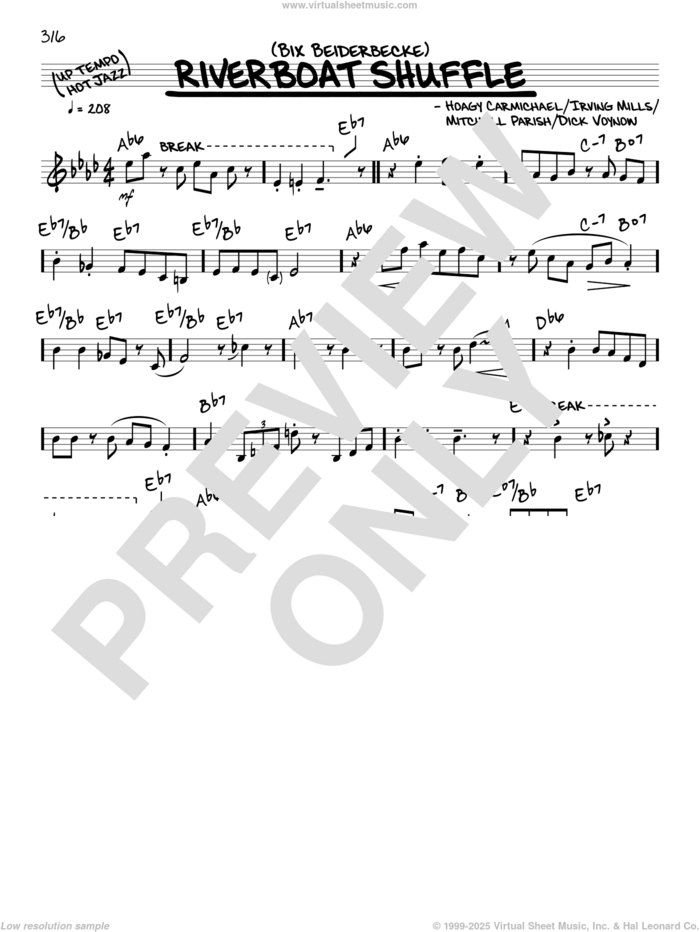 Riverboat Shuffle (solo only) sheet music for voice and other instruments (real book) by Bix Beiderbecke, Dick Voynow, Hoagy Carmichael, Irving Mills and Mitchell Parish, intermediate skill level