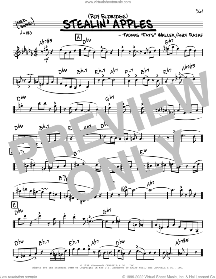 Stealin' Apples (solo only) sheet music for voice and other instruments (real book) by Roy Eldridge, Andy Razaf and Thomas Waller, intermediate skill level