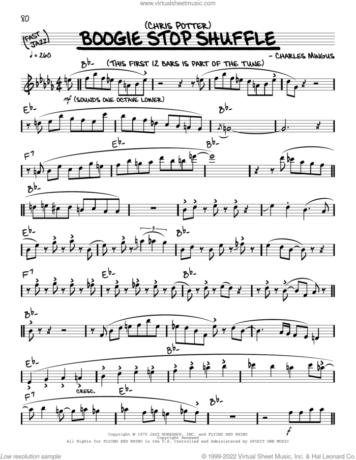 Boogie Stop Shuffle (solo only) sheet music for voice and other instruments (real book) by Chris Potter and Charles Mingus, intermediate skill level