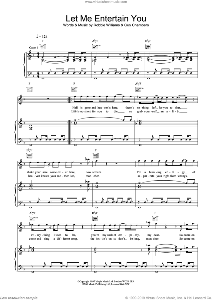 Let Me Entertain You sheet music for voice, piano or guitar by Robbie Williams and Guy Chambers, intermediate skill level
