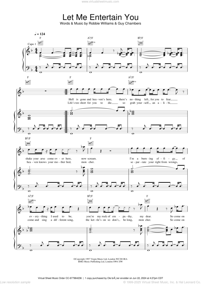 Let Me Entertain You sheet music for voice, piano or guitar by Robbie Williams and Guy Chambers, intermediate skill level