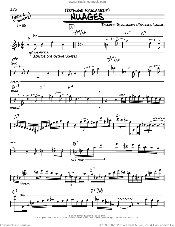 Nuages (solo only) sheet music for voice and other instruments (real book) by Django Reinhardt and Jacques Larue, intermediate skill level
