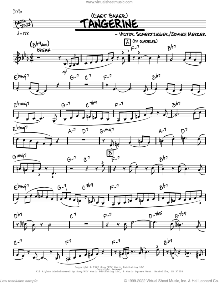 Tangerine (solo only) sheet music for voice and other instruments (real book) by Chet Baker, Johnny Mercer and Victor Schertzinger, intermediate skill level