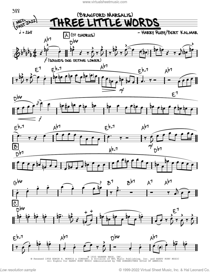 Three Little Words (solo only) sheet music for voice and other instruments (real book) by Branford Marsalis, Bert Kalmar and Harry Ruby, intermediate skill level