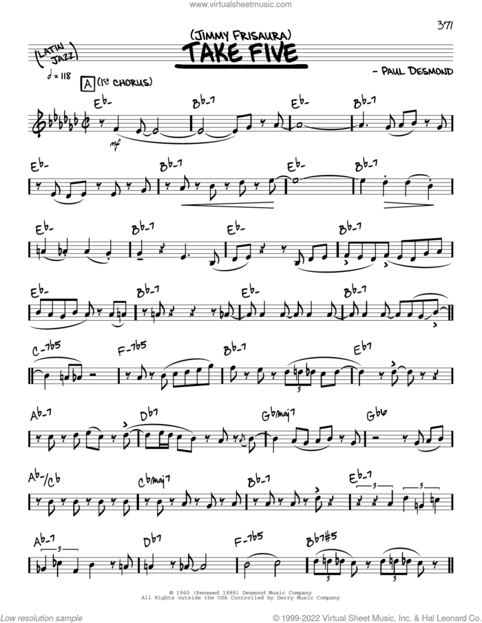 Take Five (solo only) sheet music for voice and other instruments (real book) by Jimmy Frisaura and Paul Desmond, intermediate skill level
