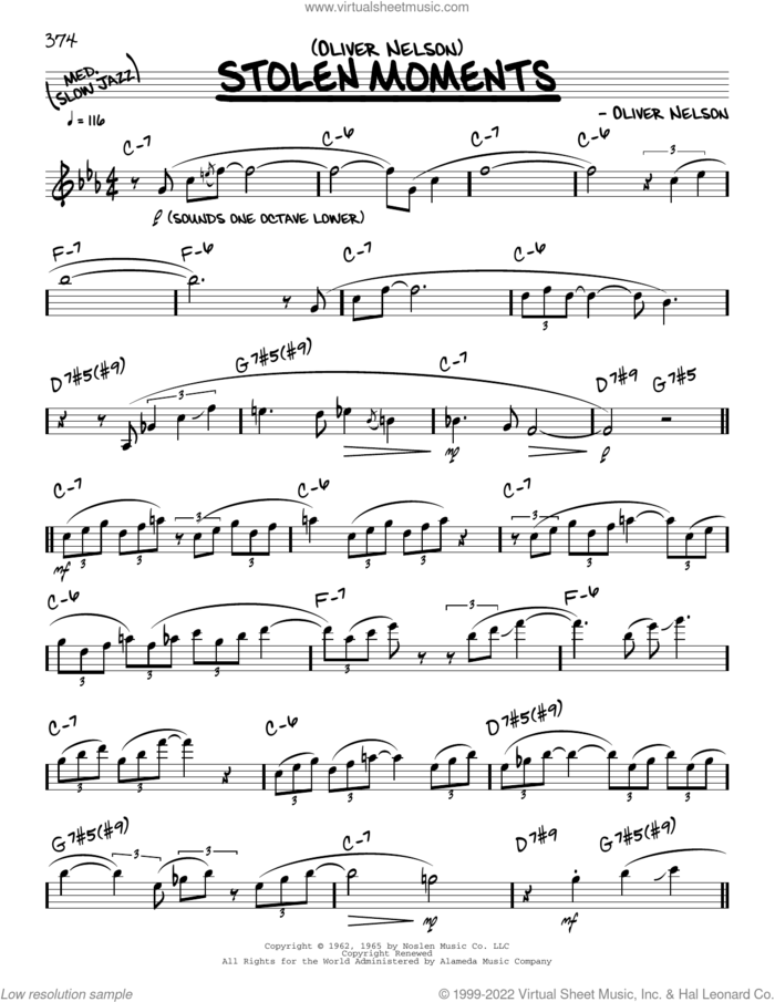Stolen Moments (solo only) sheet music for voice and other instruments (real book) by Oliver Nelson, intermediate skill level