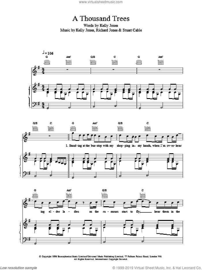 A Thousand Trees sheet music for voice, piano or guitar by Stereophonics, intermediate skill level