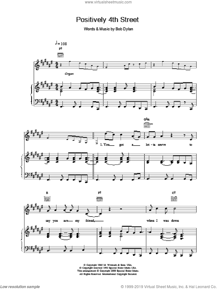 Positively 4th Street sheet music for voice, piano or guitar by Bob Dylan, intermediate skill level