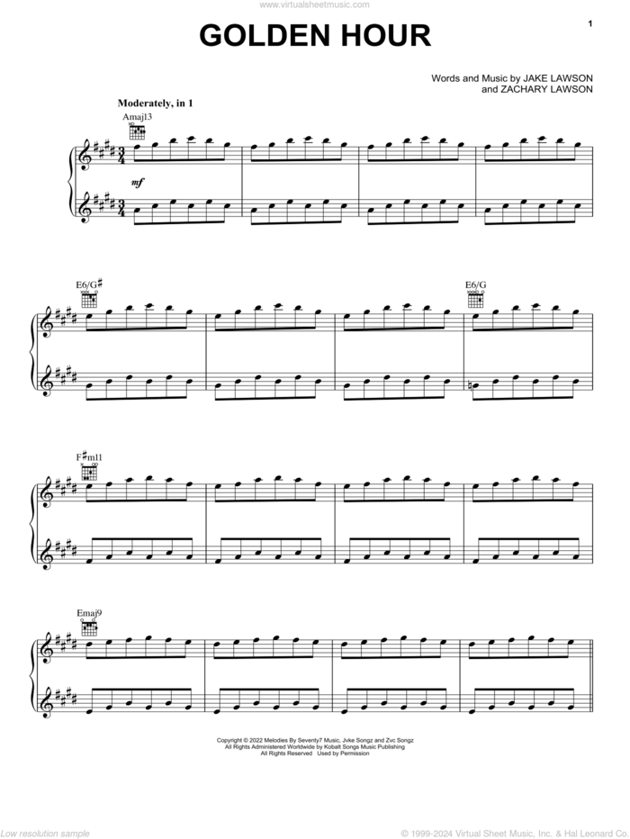 Golden Hour sheet music for voice, piano or guitar by Jvke, Jake Lawson and Zachary Lawson, intermediate skill level