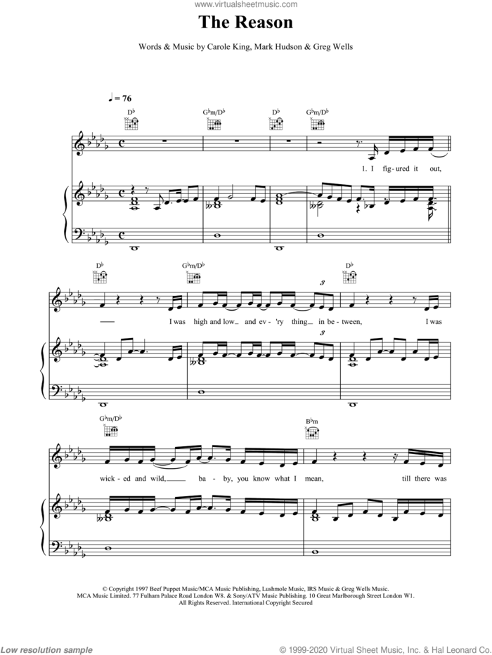 The Reason sheet music for voice, piano or guitar by Celine Dion, intermediate skill level