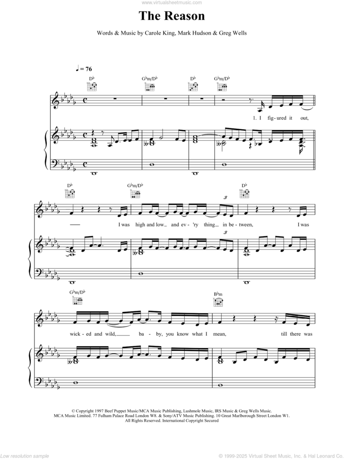 The Reason sheet music for voice, piano or guitar by Celine Dion, intermediate skill level