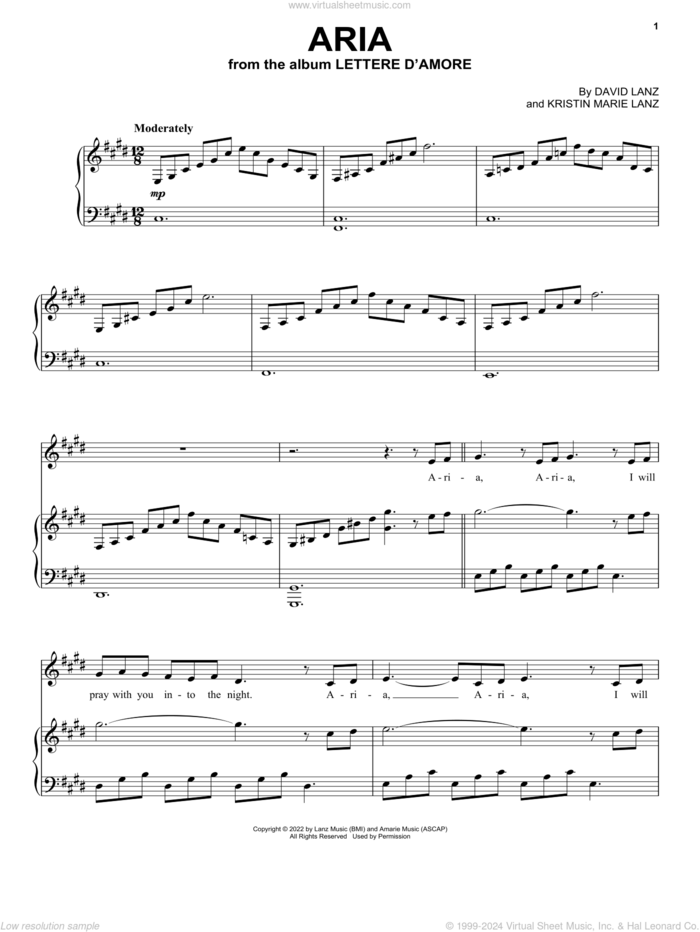 Aria sheet music for voice and piano by David Lanz & Kristin Amarie, David Lanz, Kristin Amarie Lanz and Kristin Marie Lanz, intermediate skill level