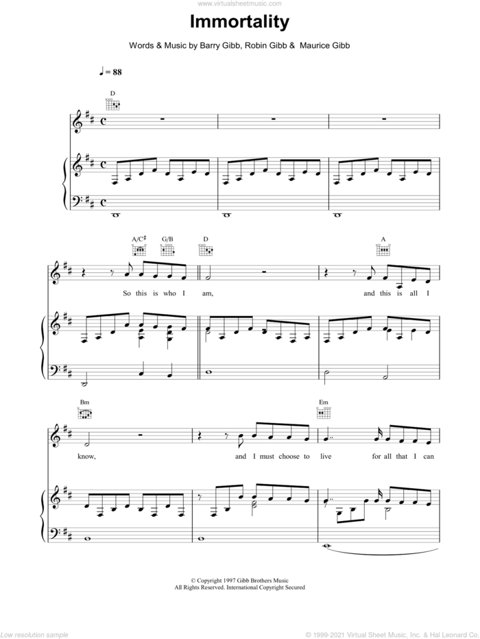 Immortality sheet music for voice, piano or guitar by Celine Dion, intermediate skill level