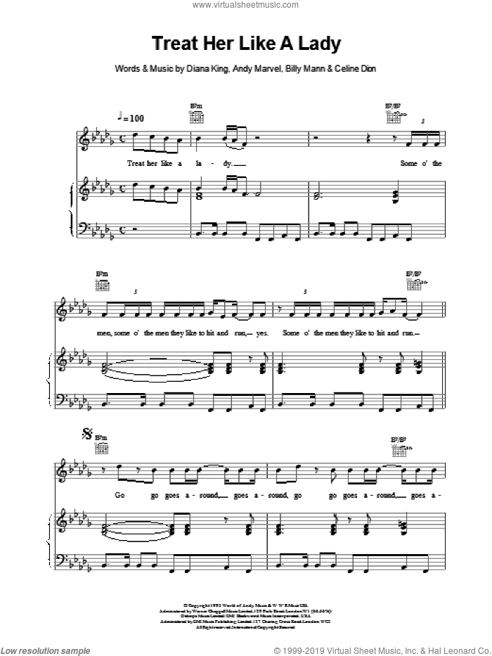 Treat Her Like a Lady sheet music for voice, piano or guitar by Celine Dion, intermediate skill level