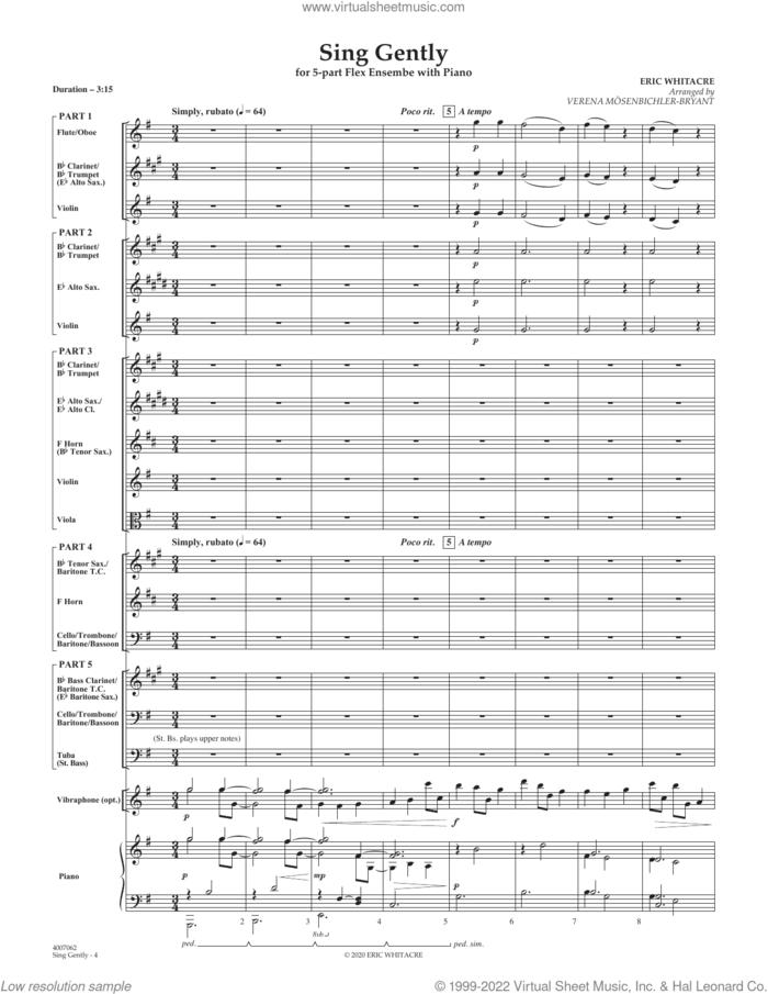 Sing Gently (for Flexible Wind Band) (COMPLETE) sheet music for concert band by Eric Whitacre and Verena Mosenbichler-Bryant, classical score, intermediate skill level
