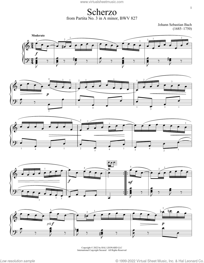 Scherzo, BWV 827 sheet music for piano solo by Johann Sebastian Bach, classical score, intermediate skill level