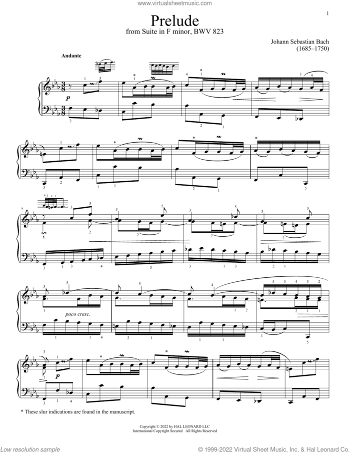 Prelude, BWV 823 sheet music for piano solo by Johann Sebastian Bach, classical score, intermediate skill level