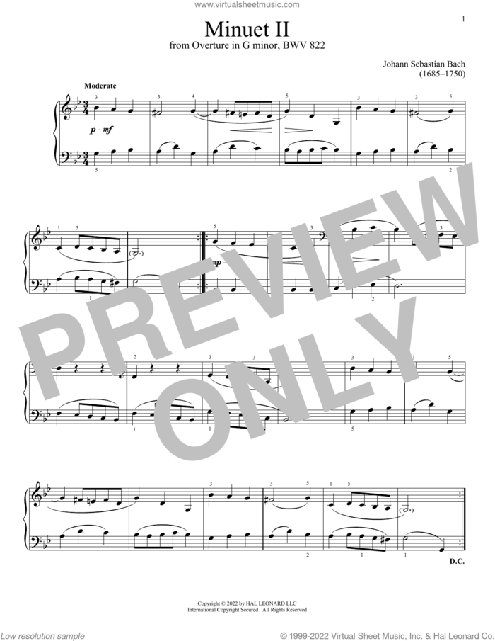 Minuet II In G Minor, BWV 822 sheet music for piano solo by Johann Sebastian Bach, classical score, intermediate skill level