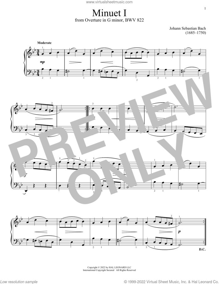 Minuet I In G Minor, BWV 822 sheet music for piano solo by Johann Sebastian Bach, classical score, intermediate skill level