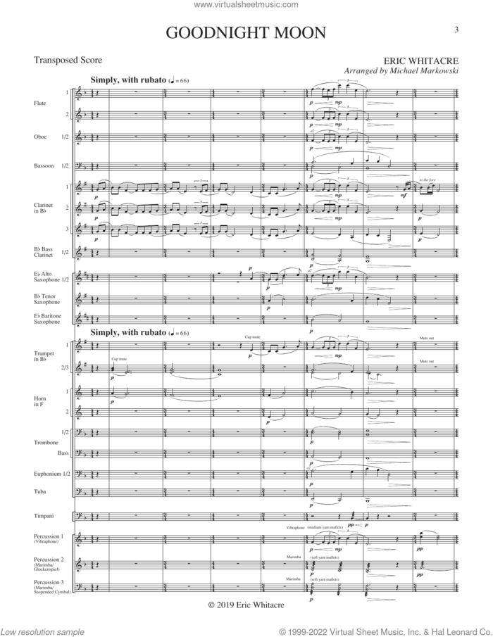 Goodnight Moon (arr. Michael Markowski) (COMPLETE) sheet music for concert band by Eric Whitacre, Margaret Wise Brown and Michael Markowski, classical score, intermediate skill level