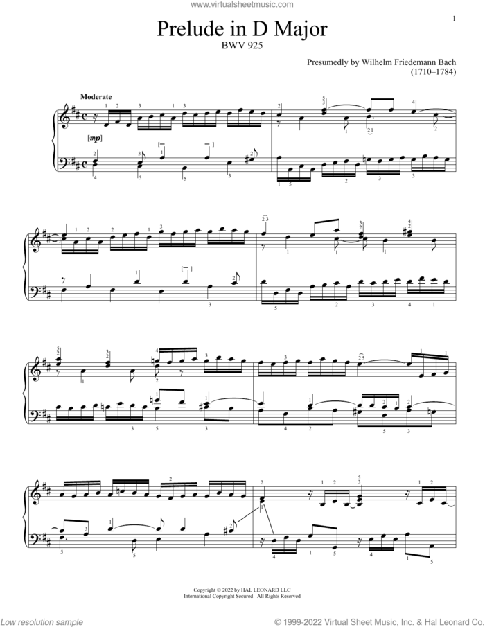 Prelude In D Major, BWV 925 sheet music for piano solo by Johann Sebastian Bach, classical score, intermediate skill level