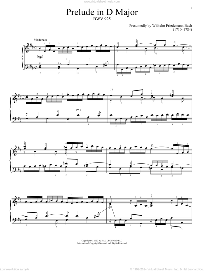 Prelude In D Major, BWV 925 sheet music for piano solo by Johann Sebastian Bach, classical score, intermediate skill level