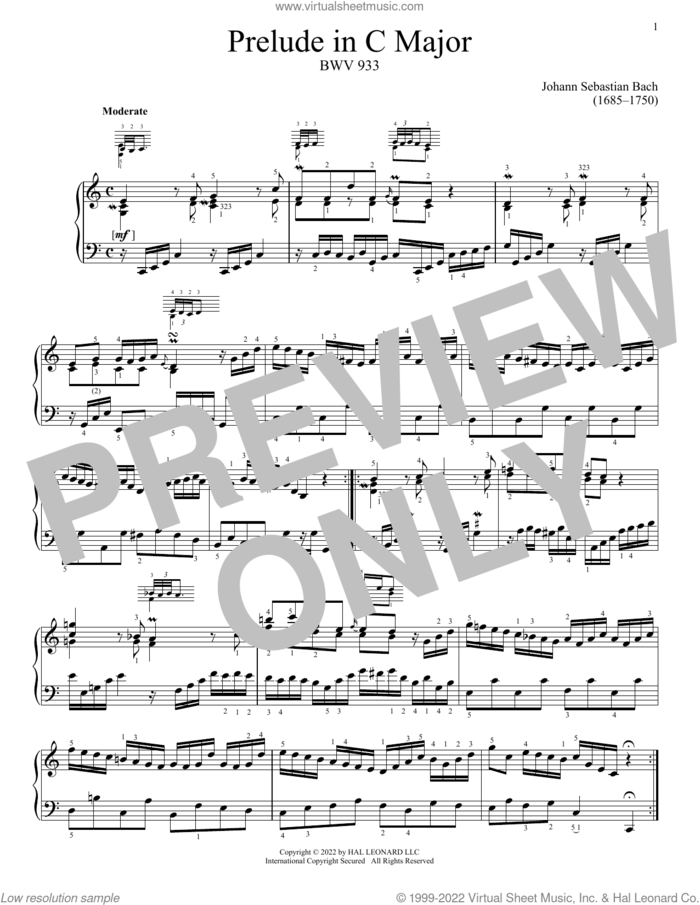 Prelude In C Major, BWV 933 sheet music for piano solo by Johann Sebastian Bach, classical score, intermediate skill level