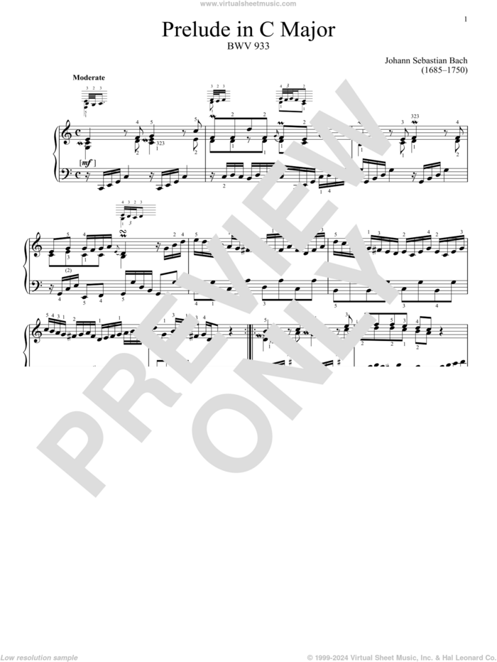 Prelude In C Major, BWV 933 sheet music for piano solo by Johann Sebastian Bach, classical score, intermediate skill level