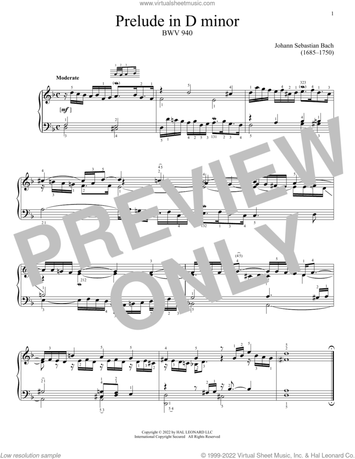 Prelude In D Minor, BWV 940 sheet music for piano solo by Johann Sebastian Bach, classical score, intermediate skill level