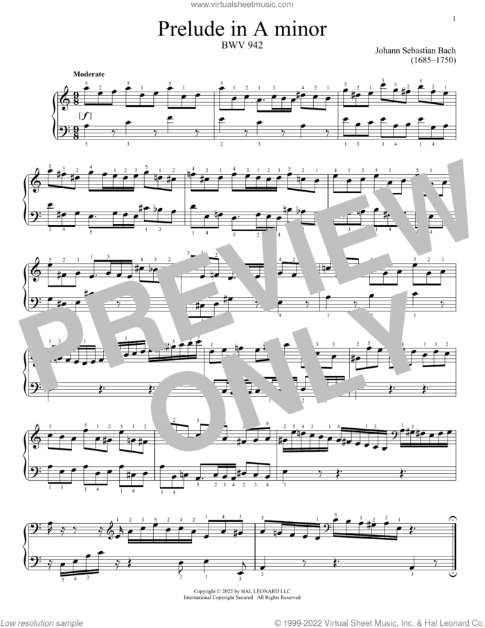 Prelude In A Minor, BWV 942 sheet music for piano solo by Johann Sebastian Bach, classical score, intermediate skill level