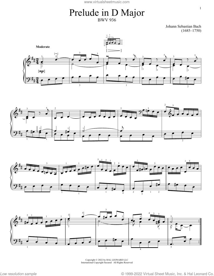 Prelude In D Major, BWV 936 sheet music for piano solo by Johann Sebastian Bach, classical score, intermediate skill level