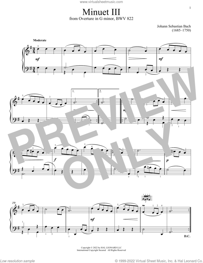 Minuet III In G Minor, BWV 822 sheet music for piano solo by Johann Sebastian Bach, classical score, intermediate skill level