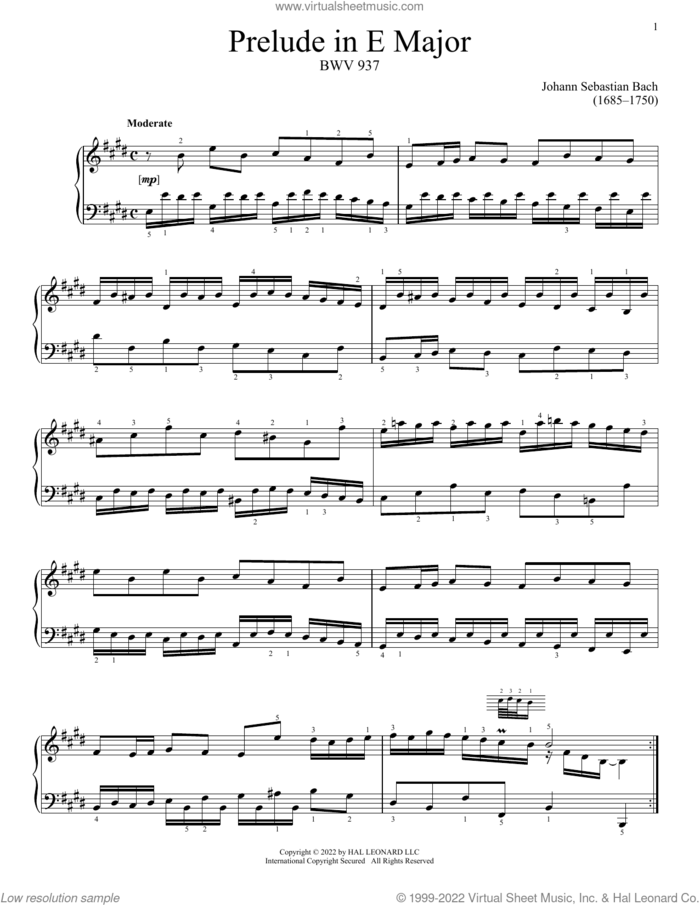 Prelude In E Major, BWV 937 sheet music for piano solo by Johann Sebastian Bach, classical score, intermediate skill level