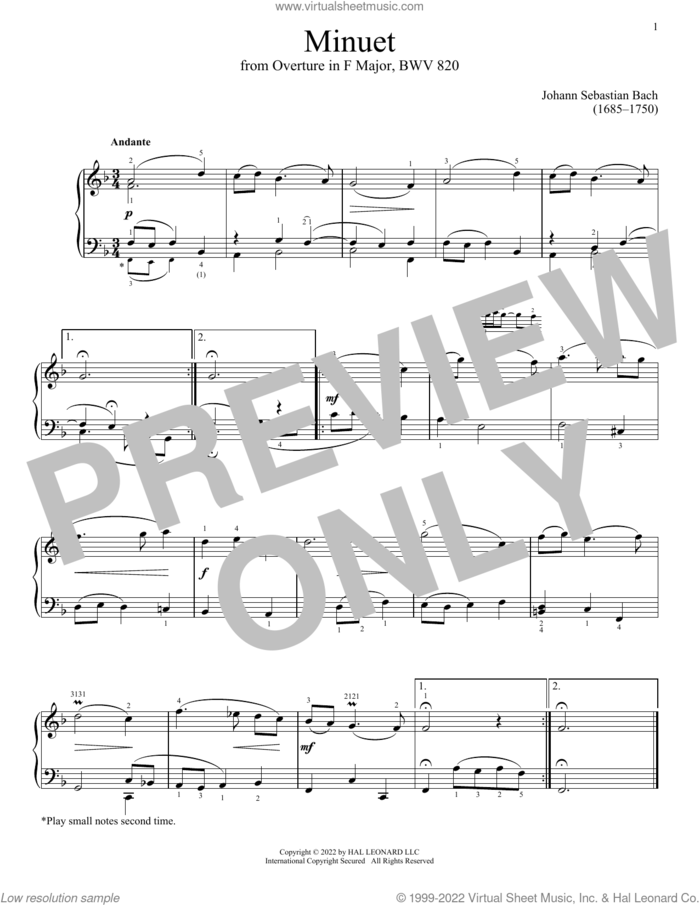 Minuet In F Major, BWV 820 sheet music for piano solo by Johann Sebastian Bach, classical score, intermediate skill level