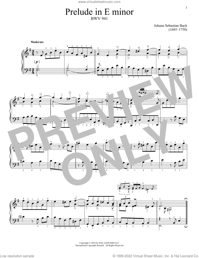 Prelude In E Minor, BWV 941 sheet music for piano solo by Johann Sebastian Bach, classical score, intermediate skill level