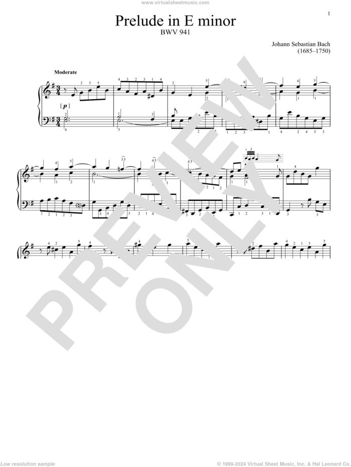 Prelude In E Minor, BWV 941 sheet music for piano solo by Johann Sebastian Bach, classical score, intermediate skill level