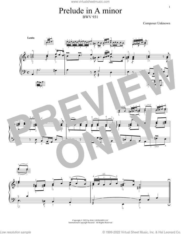 Prelude In A Minor, BWV 931 sheet music for piano solo by Johann Sebastian Bach, classical score, intermediate skill level