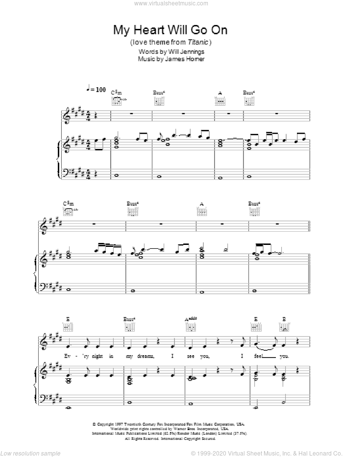 My Heart Will Go On (Love Theme from Titanic) sheet music for voice, piano or guitar by Celine Dion, James Horner and Will Jennings, wedding score, intermediate skill level