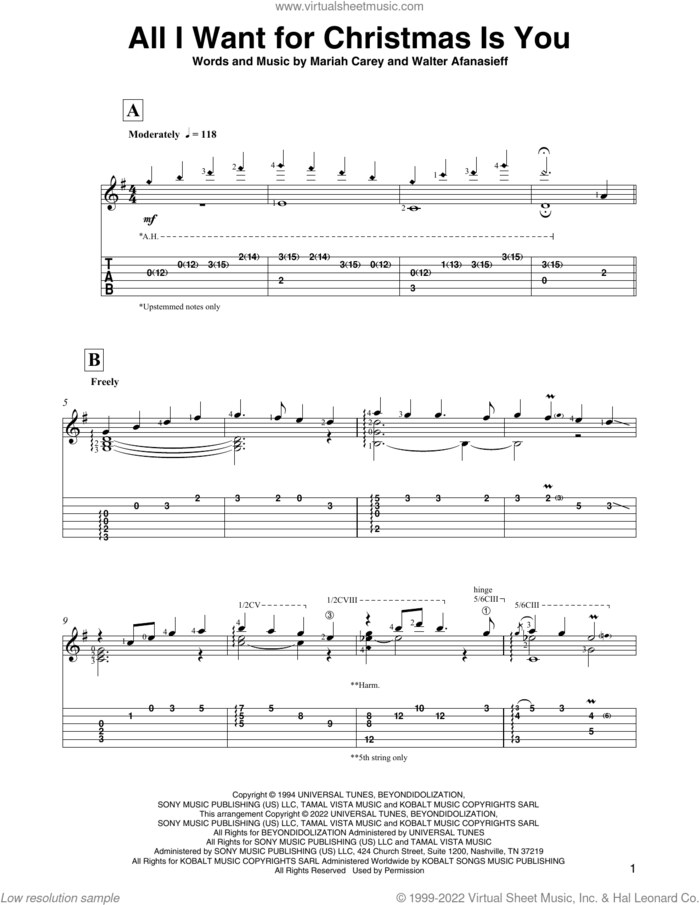 All I Want For Christmas Is You sheet music for guitar solo by Mariah Carey, David Jaggs and Walter Afanasieff, intermediate skill level