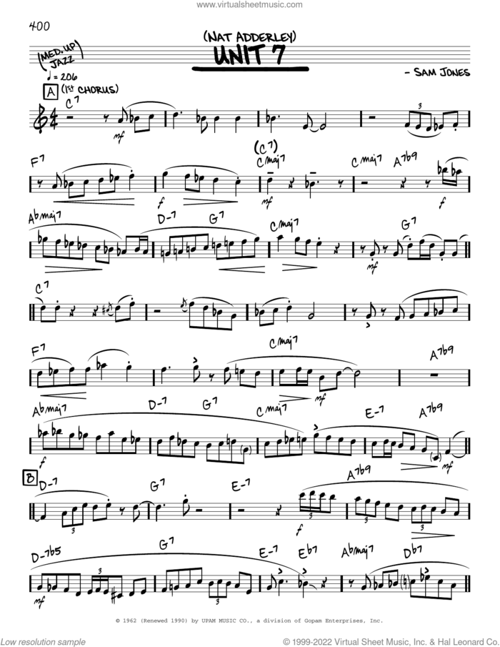 Unit 7 (solo only) sheet music for voice and other instruments (real book) by Nat Adderley and Sam Jones, intermediate skill level
