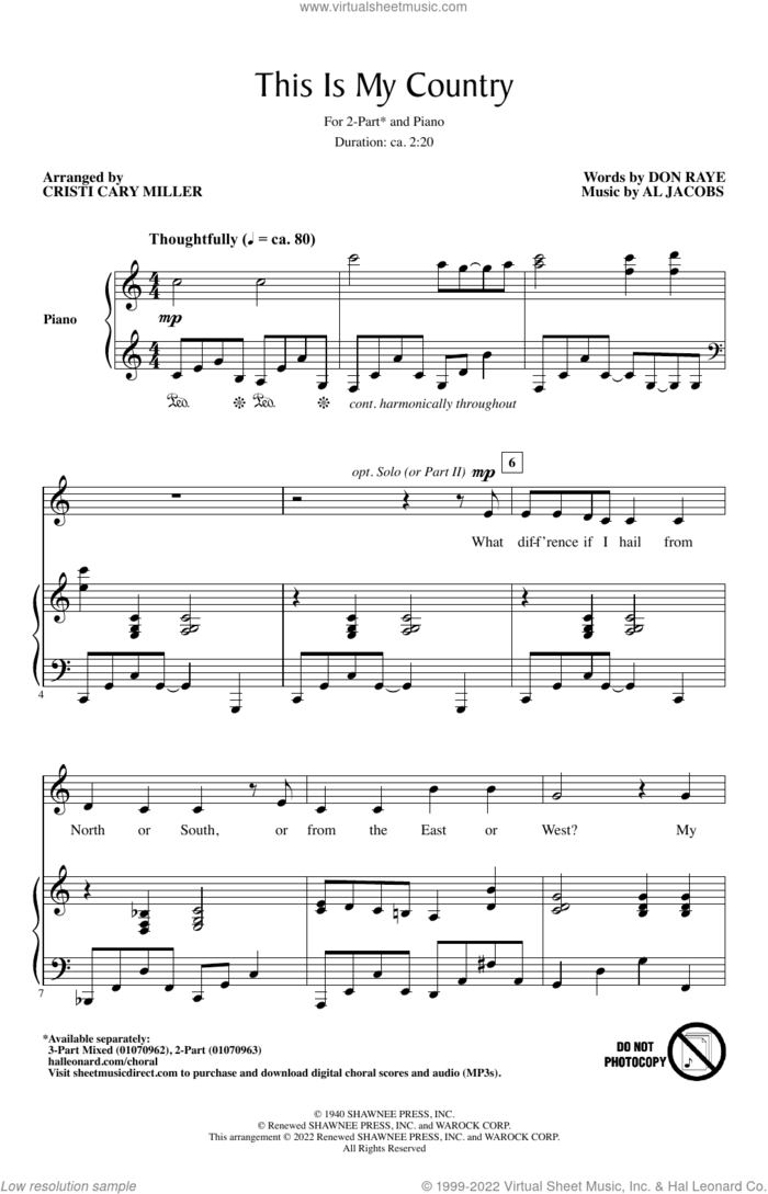This Is My Country (arr. Cristi Cary Miller) sheet music for choir (2-Part) by Al Jacobs, Cristi Cary Miller and Don Raye, intermediate duet
