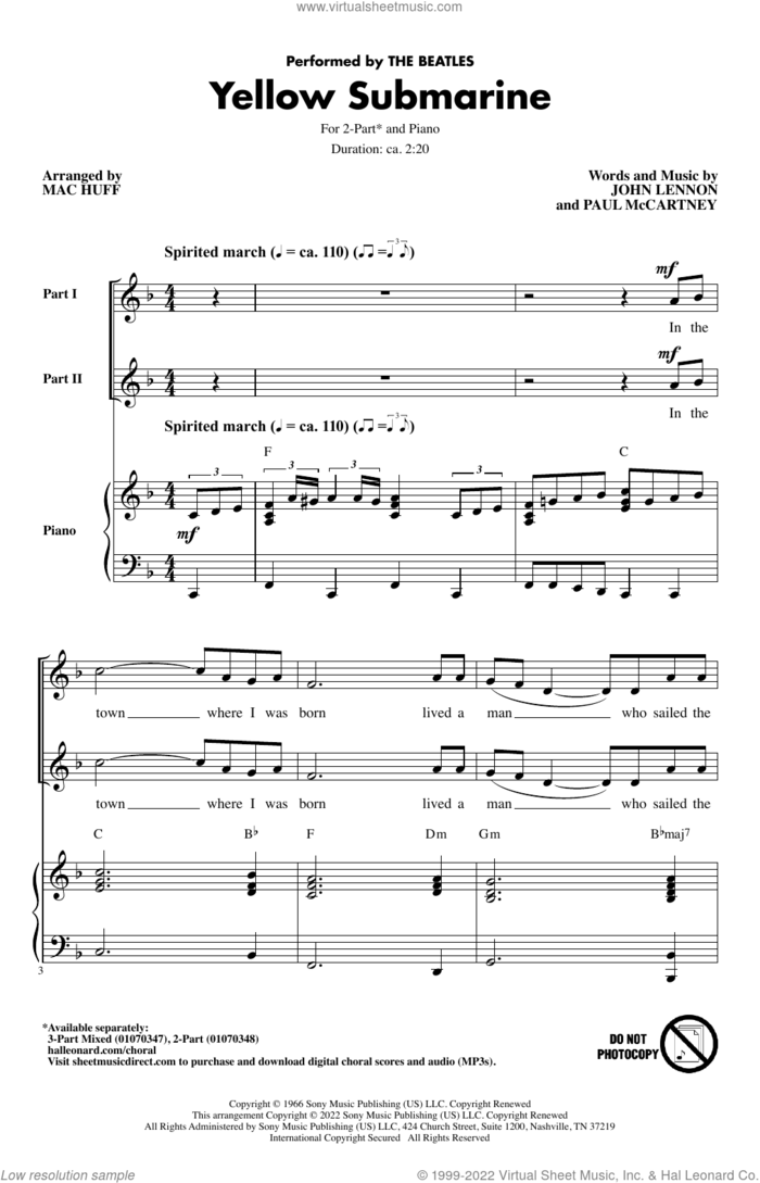Yellow Submarine (arr. Mac Huff) sheet music for choir (2-Part) by The Beatles, Mac Huff, John Lennon and Paul McCartney, intermediate duet