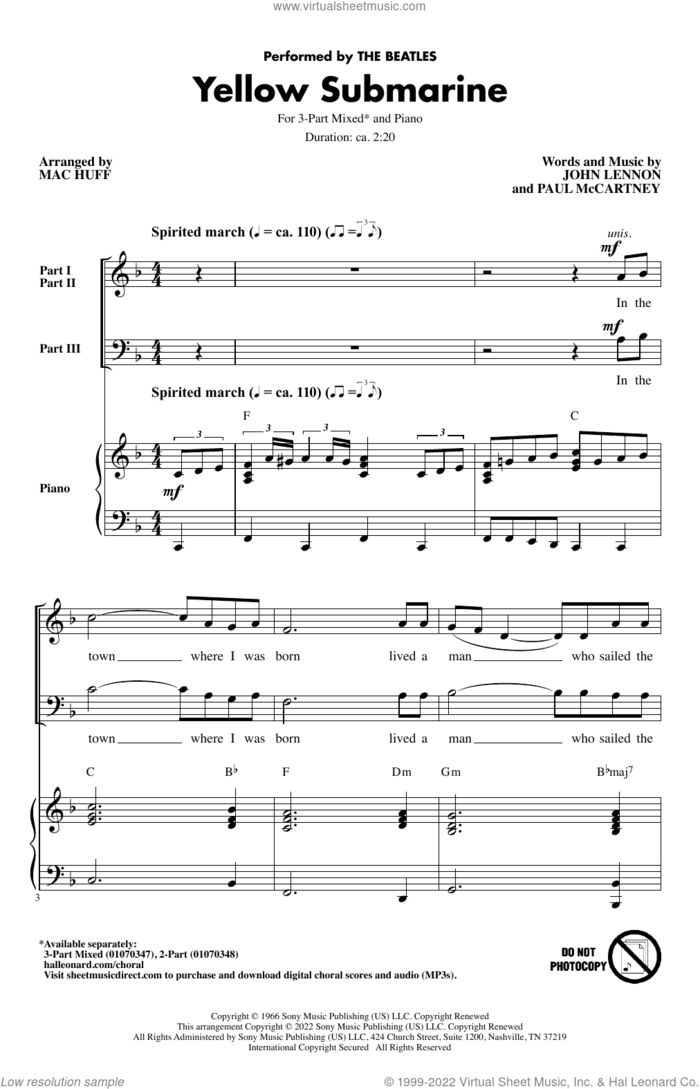 Yellow Submarine (arr. Mac Huff) sheet music for choir (3-Part Mixed) by The Beatles, Mac Huff, John Lennon and Paul McCartney, intermediate skill level