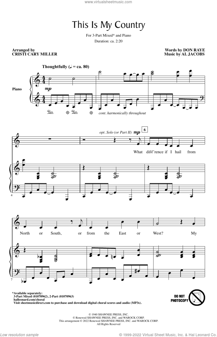 This Is My Country (arr. Cristi Cary Miller) sheet music for choir (3-Part Mixed) by Al Jacobs, Cristi Cary Miller and Don Raye, intermediate skill level