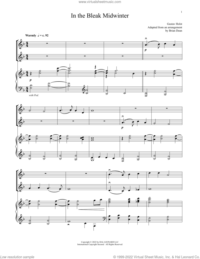 In The Bleak Midwinter (for Violin Duet and Piano) sheet music for violin and piano by Gustav Holst and Christina Rossetti, intermediate skill level