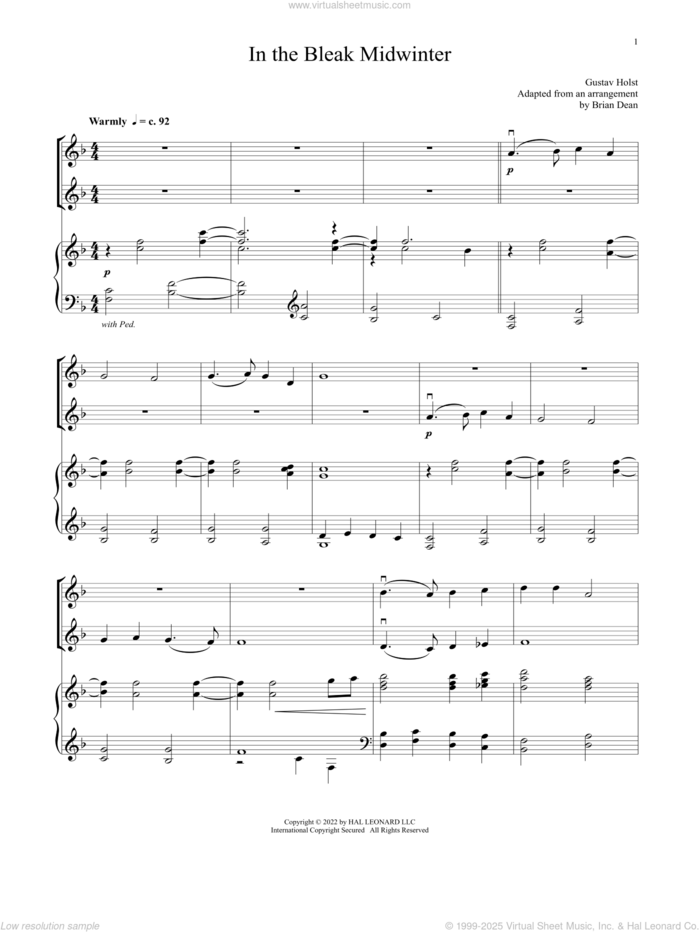 In The Bleak Midwinter (for Violin Duet and Piano) sheet music for violin and piano by Gustav Holst and Christina Rossetti, intermediate skill level