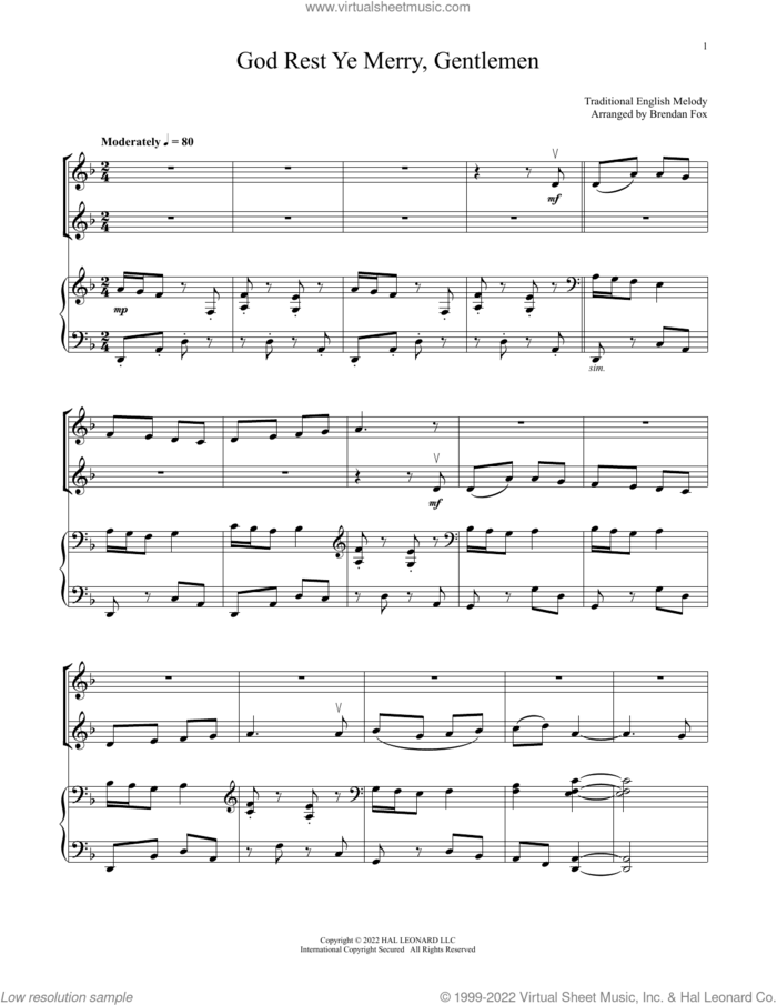 God Rest Ye Merry, Gentlemen (for Violin Duet and Piano) sheet music for violin and piano, intermediate skill level