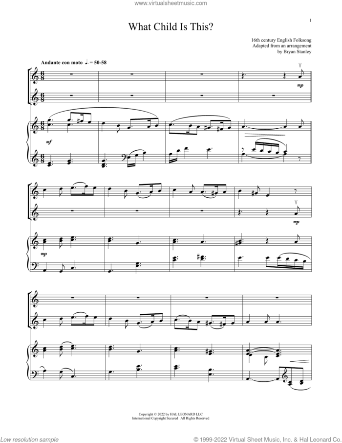 What Child Is This? (for Violin Duet and Piano) sheet music for violin and piano by William Chatterton Dix and Miscellaneous, intermediate skill level